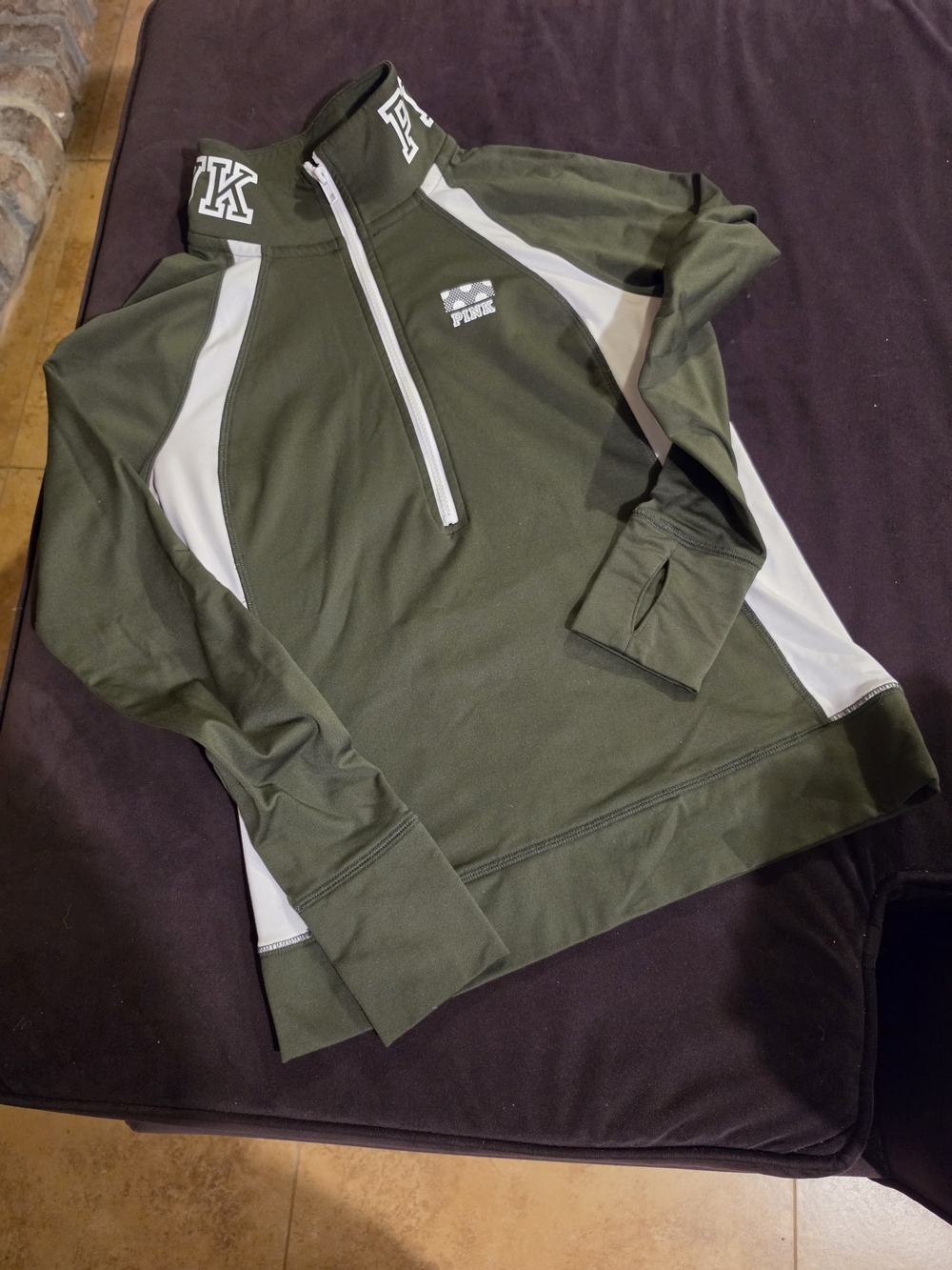 PINK Victoria's Secret Olive Green and White Half-Zip Pullover
